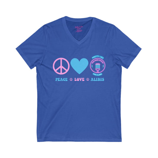 Peace, Love, Alibis  V-Neck Tee  - NEW 2025