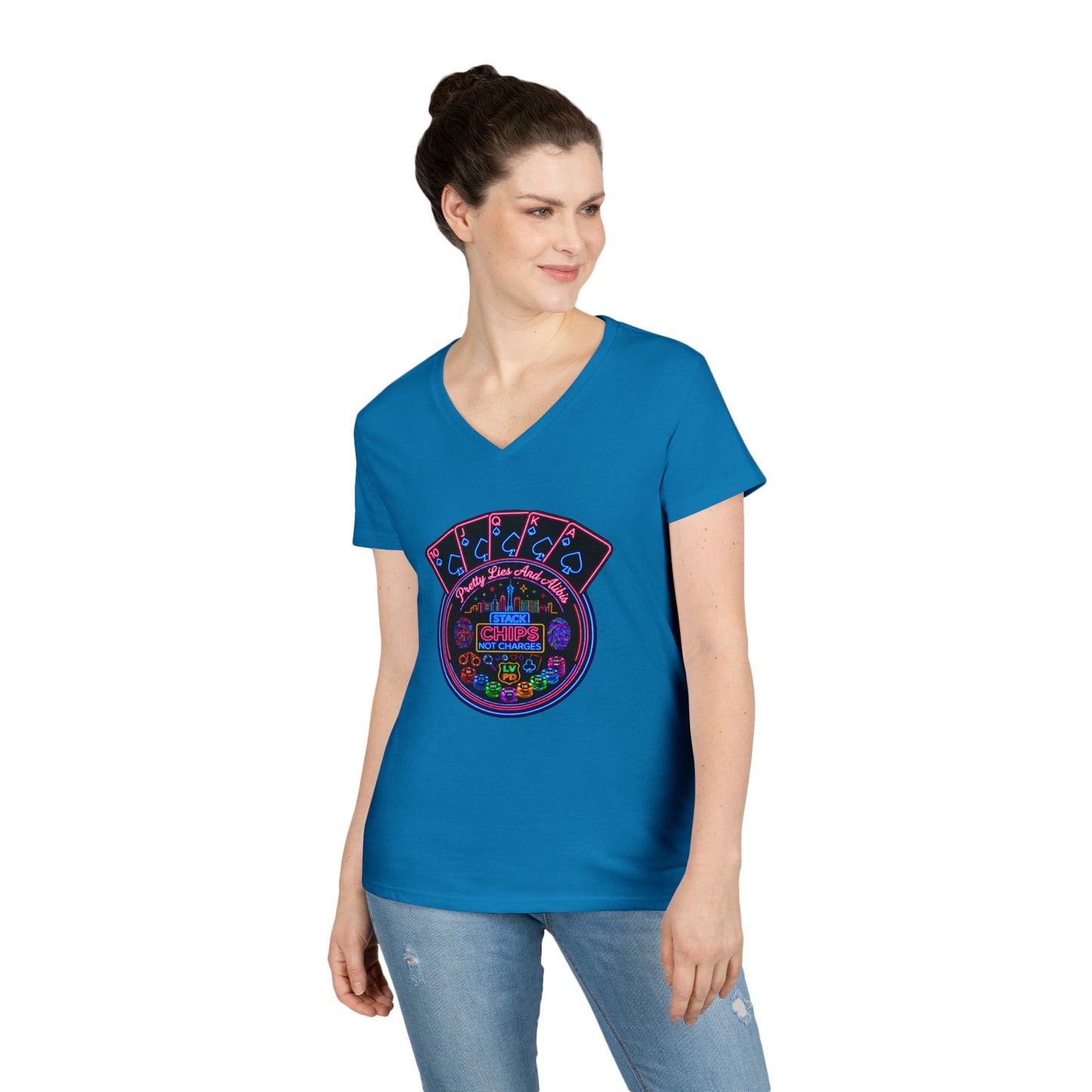 Ladies' V-Neck T-Shirt — "Stack Chips Not Charges"  Crime Con 26' (No logo)