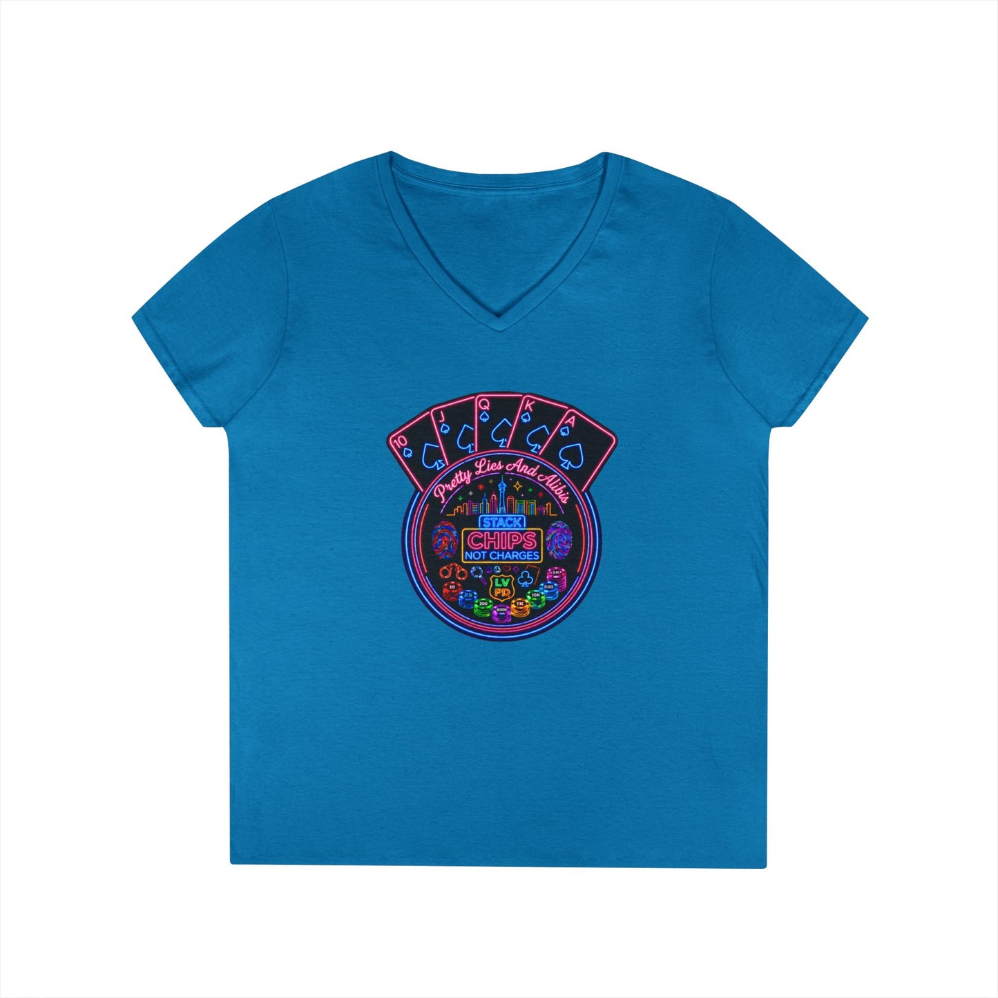Ladies' V-Neck T-Shirt — "Stack Chips Not Charges"  Crime Con 26' (No logo)
