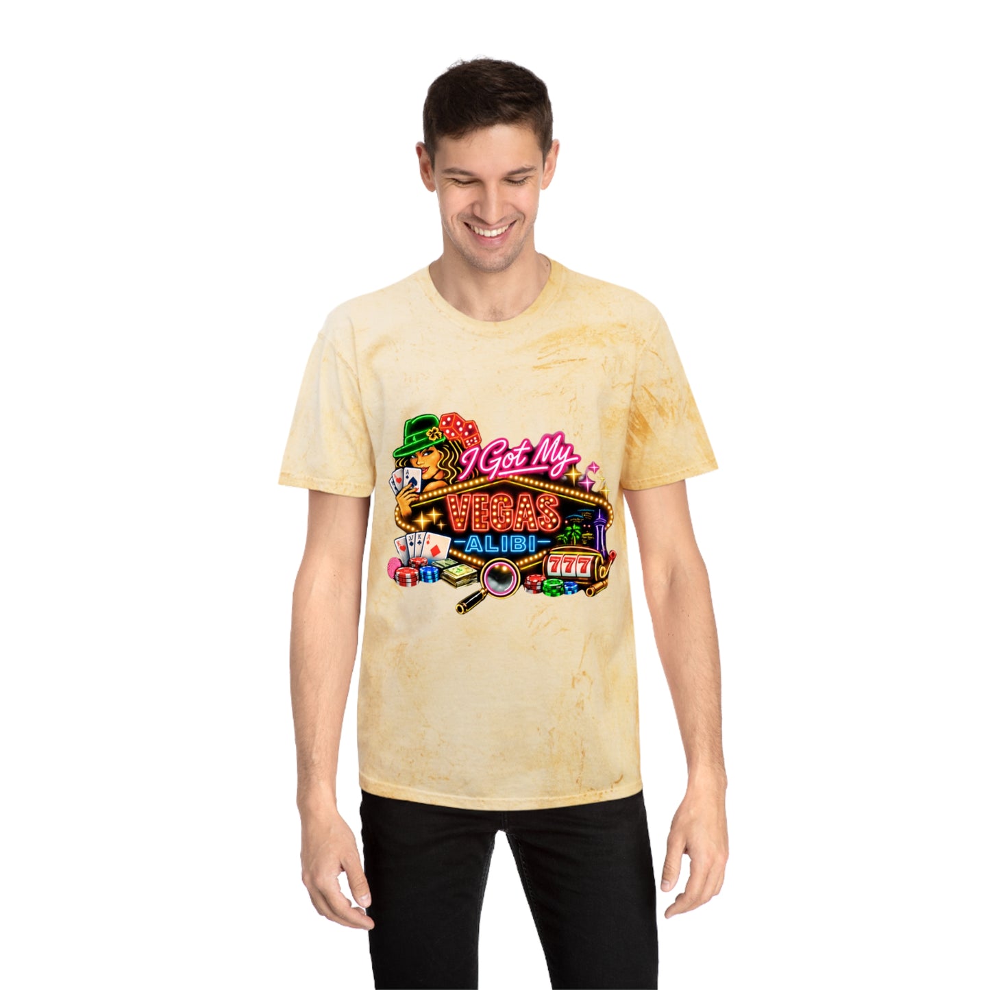 Color Blast T-Shirt — "I Got My Vegas Alibi"  (No Logo)