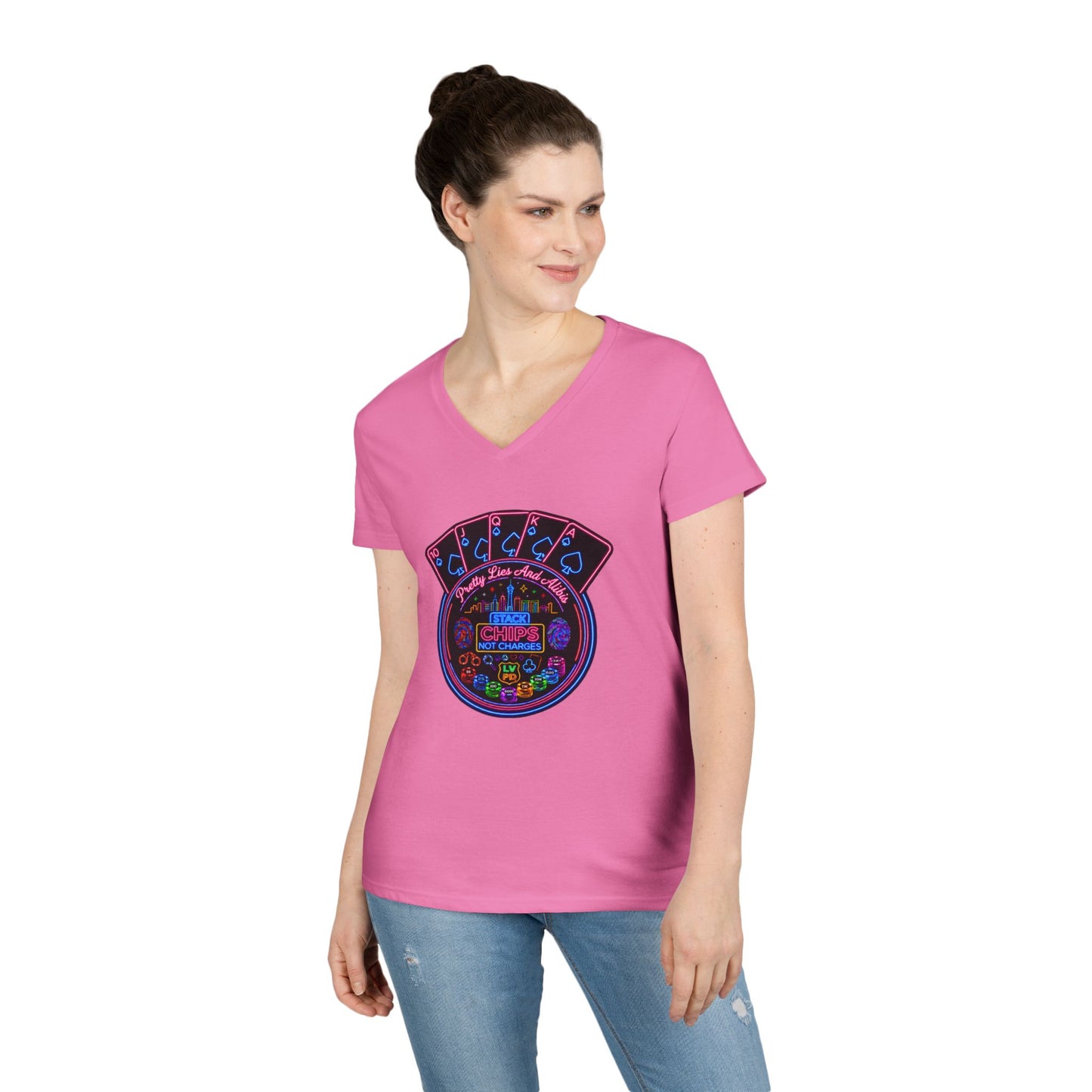 Ladies' V-Neck T-Shirt — "Stack Chips Not Charges"  Crime Con 26' (No logo)