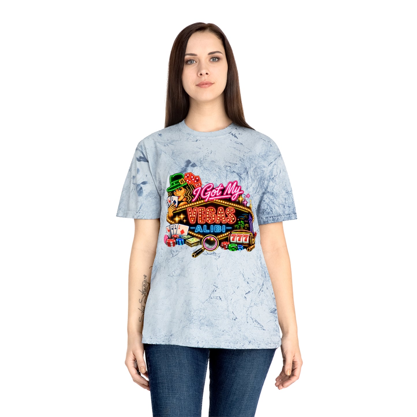 Color Blast T-Shirt — "I Got My Vegas Alibi"  (No Logo)