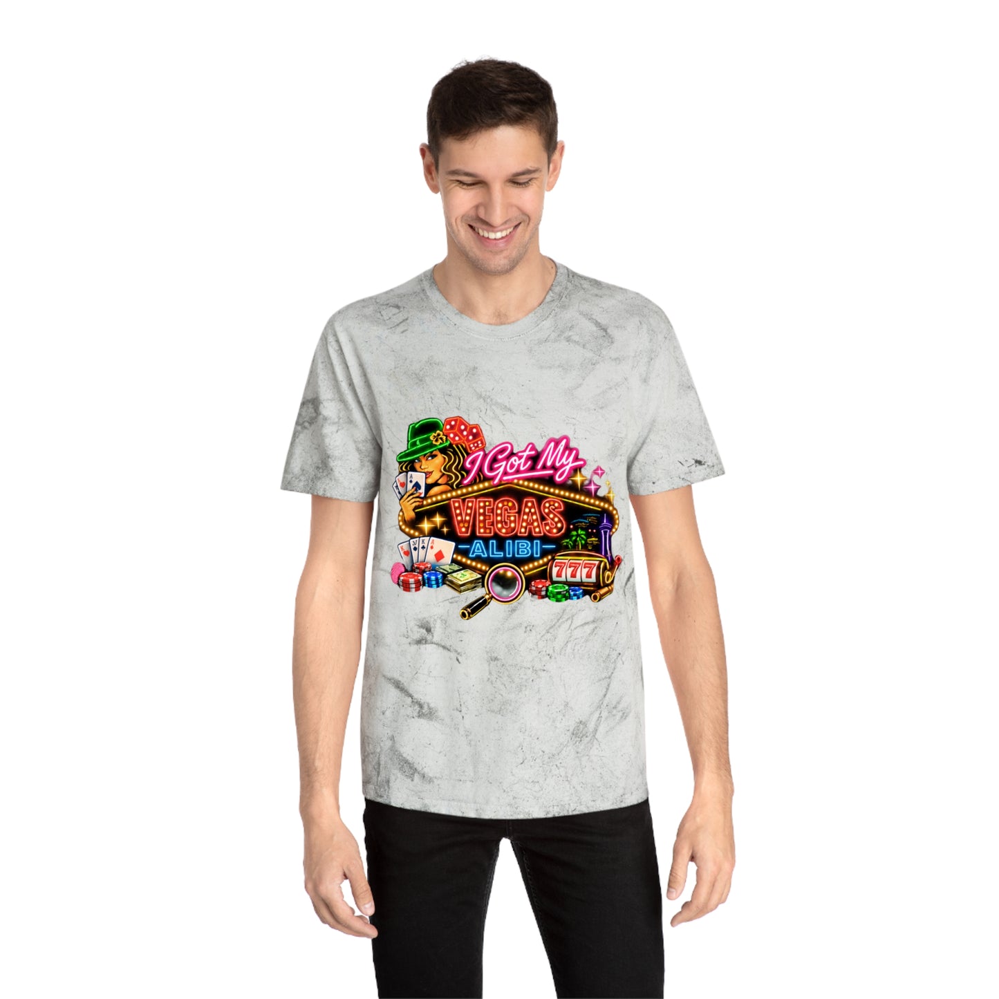 Color Blast T-Shirt — "I Got My Vegas Alibi"  (No Logo)