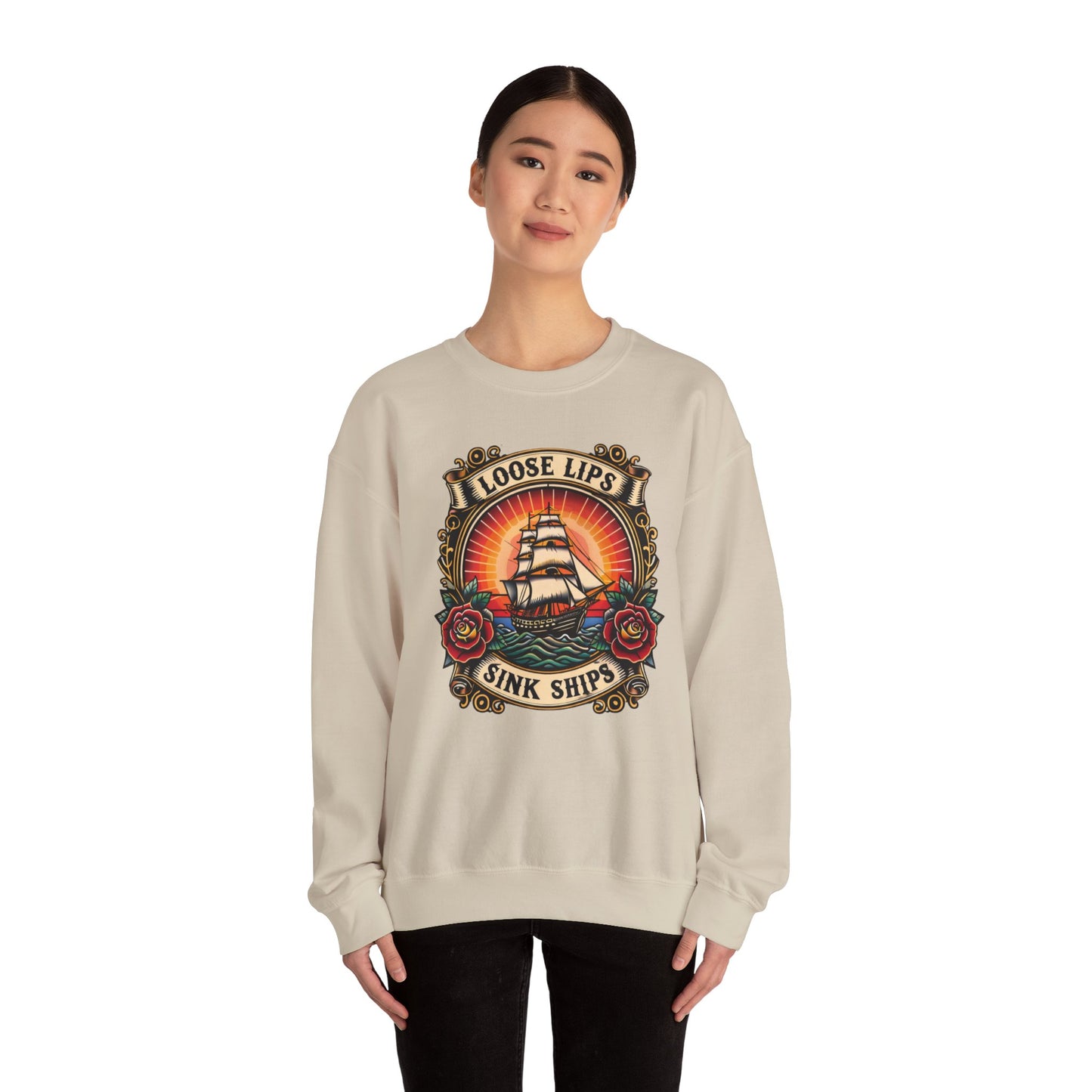 NEW Crewneck Sweatshirt — 'Loose Lips Sink Ships' Vintage Ship Graphic