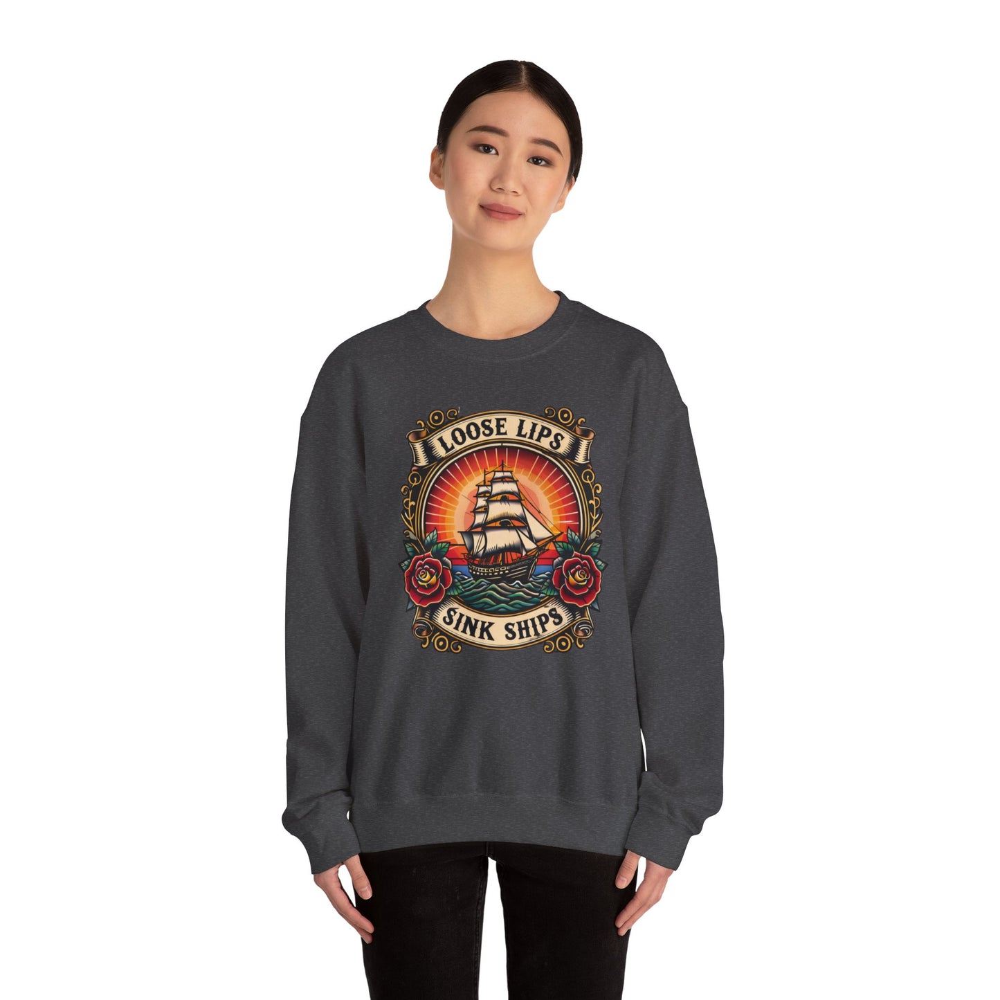 NEW Crewneck Sweatshirt — 'Loose Lips Sink Ships' Vintage Ship Graphic