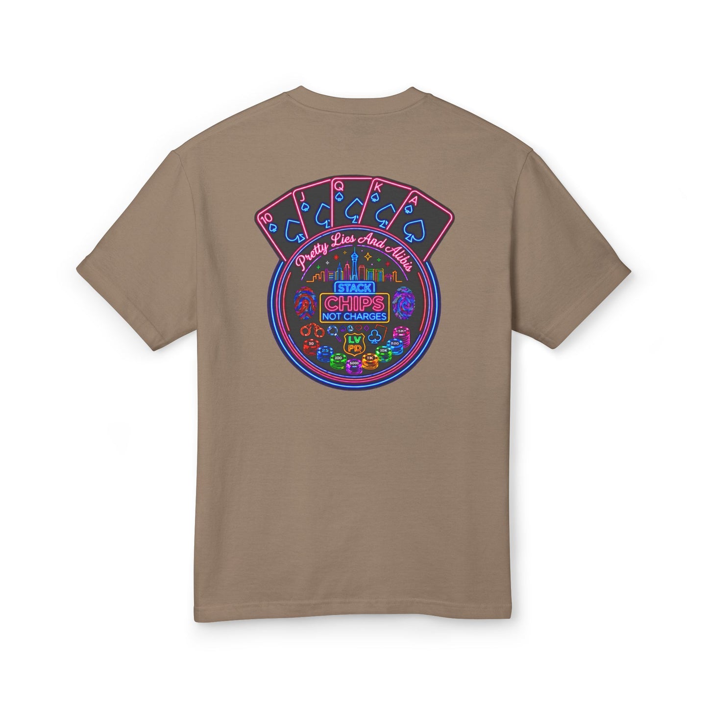 Retro Casino Poker Tee — "Stack Chips Not Charges" Crime Con' 26