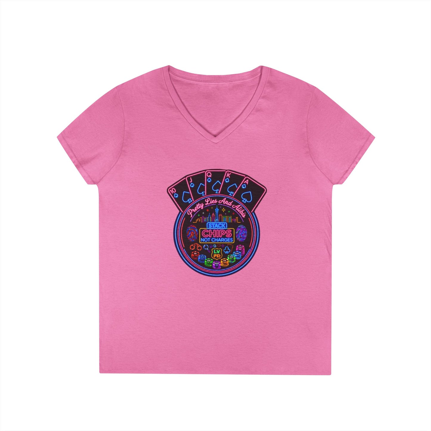 Ladies' V-Neck T-Shirt — "Stack Chips Not Charges"  Crime Con 26' (No logo)