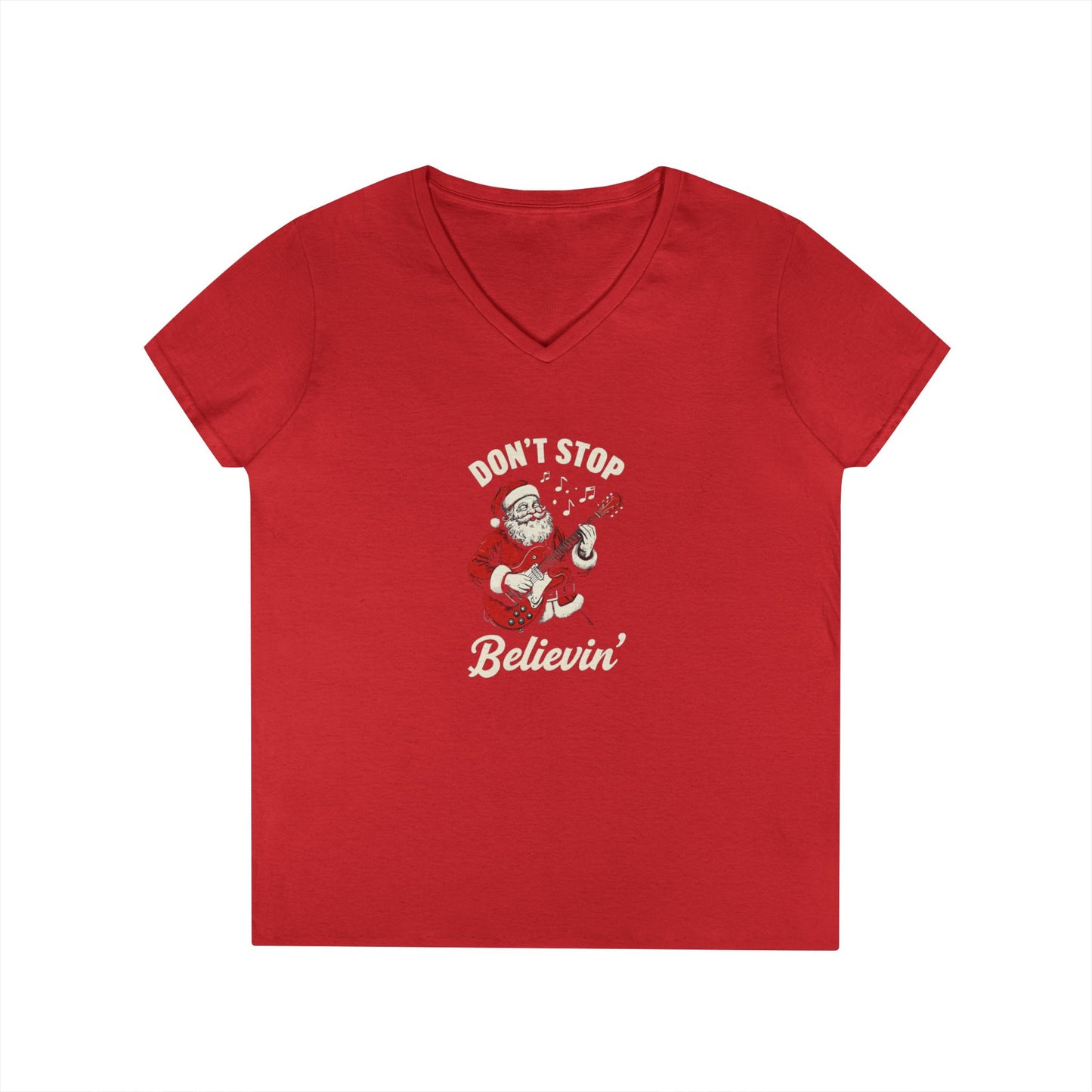 Festive Santa V-Neck T-Shirt - "Don't Stop Believin'" Christmas Tee