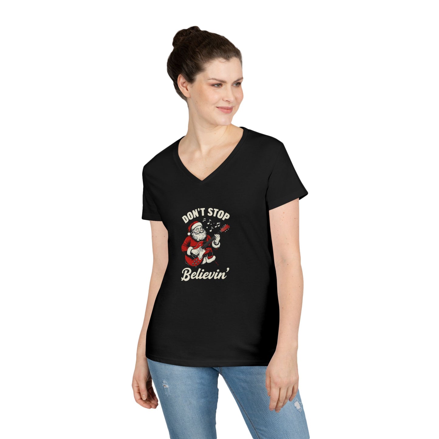 Festive Santa V-Neck T-Shirt - "Don't Stop Believin'" Christmas Tee