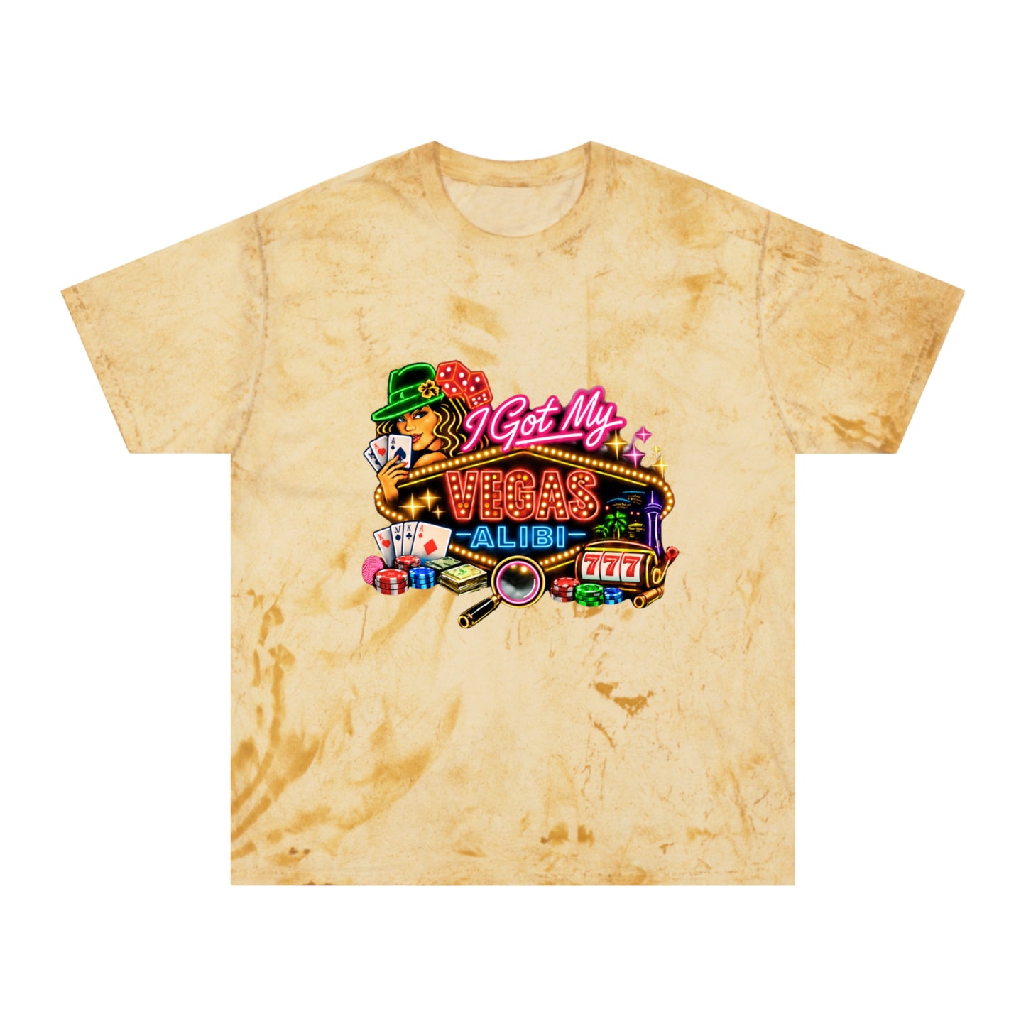 Color Blast T-Shirt — "I Got My Vegas Alibi"  (No Logo)