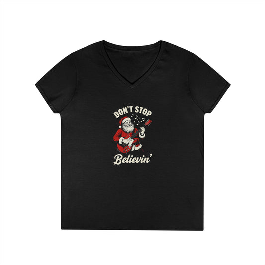 Festive Santa V-Neck T-Shirt - "Don't Stop Believin'" Christmas Tee