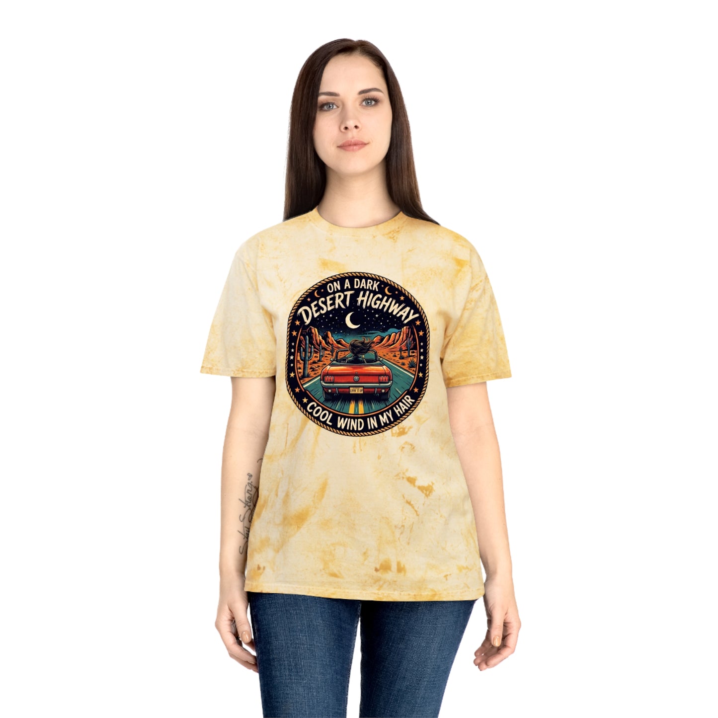 Lyrics Desert Highway Tee — "On a Dark Desert Highway" Vintage Road Trip T-Shirt