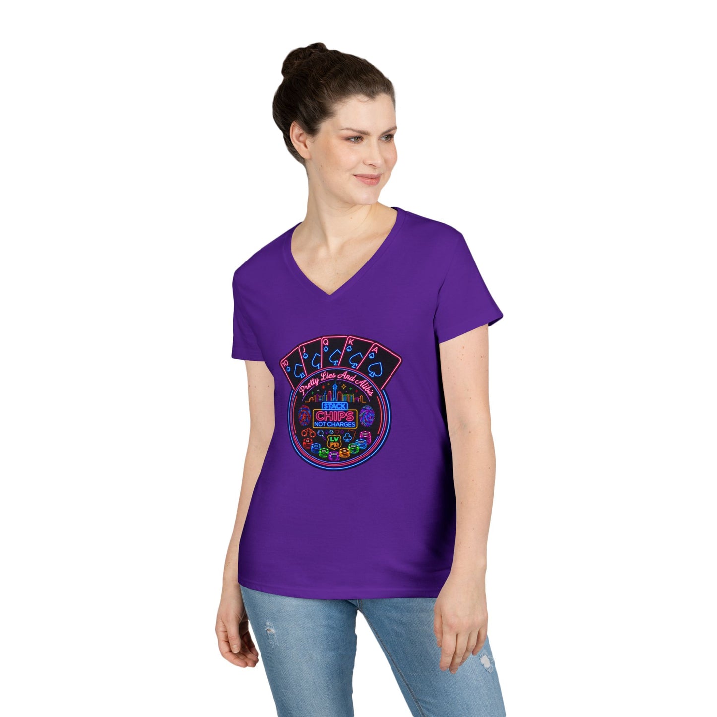Ladies' V-Neck T-Shirt — "Stack Chips Not Charges"  Crime Con 26' (No logo)