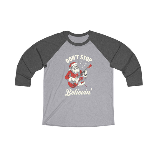 Christmas Santa Rocking Guitar Unisex Raglan Tee - 'Don't Stop Believin'' - Perfect for Holiday Cheer