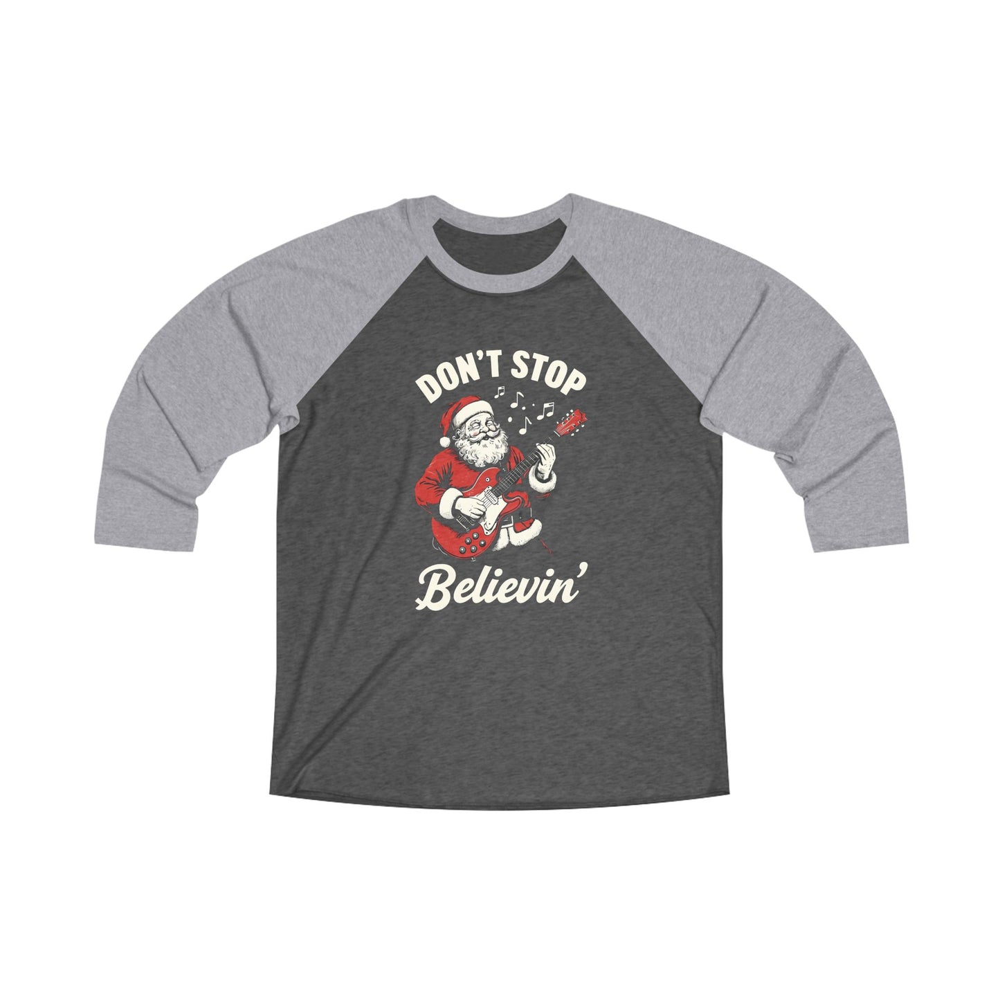 Christmas Santa Rocking Guitar Unisex Raglan Tee - 'Don't Stop Believin'' - Perfect for Holiday Cheer