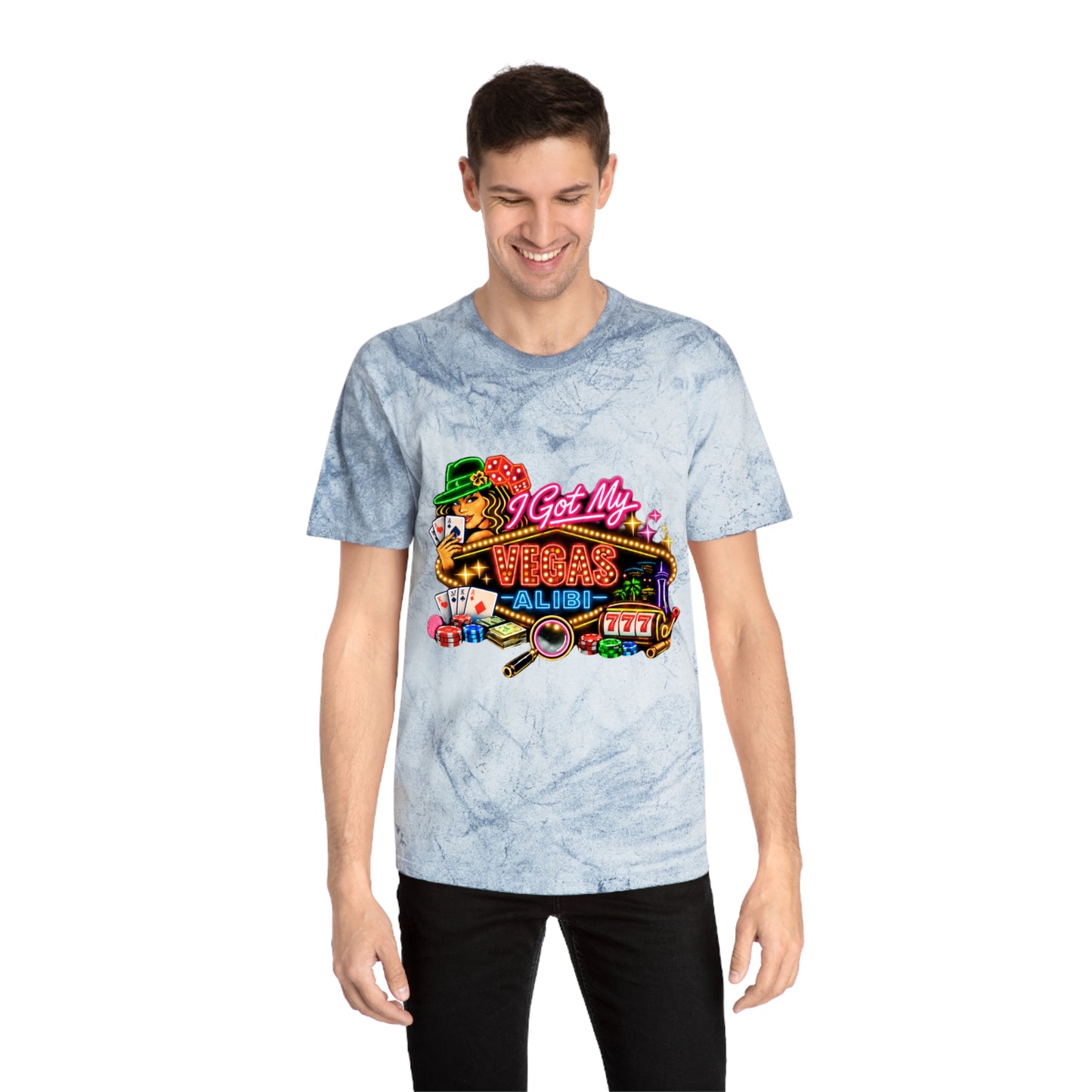 Color Blast T-Shirt — "I Got My Vegas Alibi"  (No Logo)