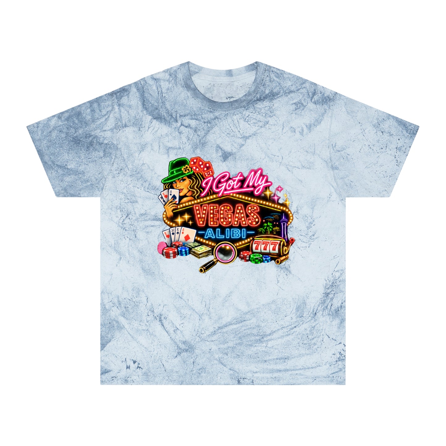 Color Blast T-Shirt — "I Got My Vegas Alibi"  (No Logo)