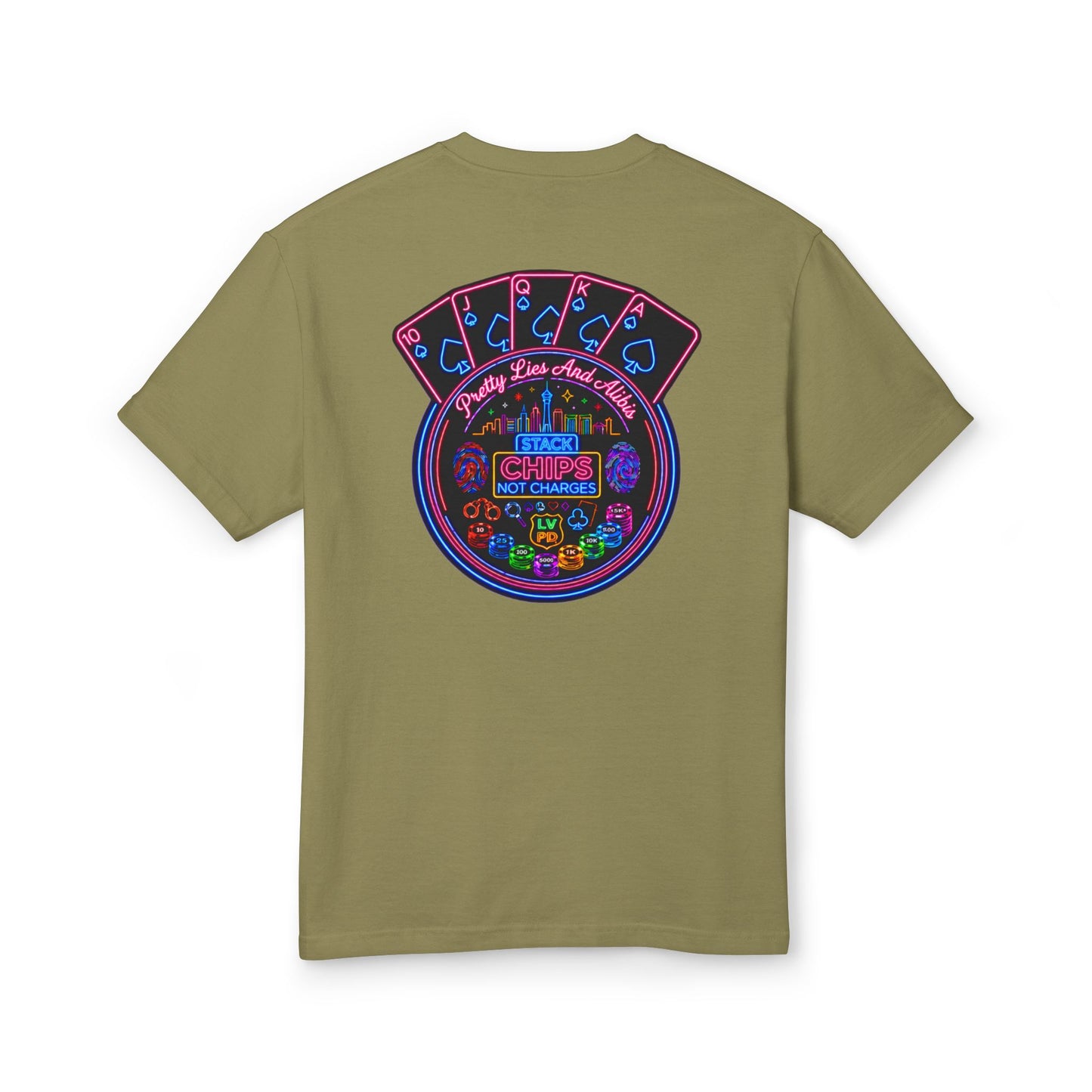 Retro Casino Poker Tee — "Stack Chips Not Charges" Crime Con' 26