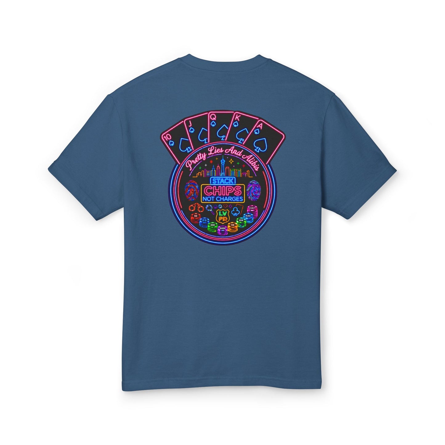 Retro Casino Poker Tee — "Stack Chips Not Charges" Crime Con' 26