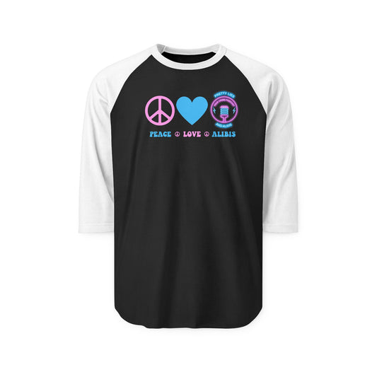 Unisex  Peace Love Alibis Three-Quarter Sleeve Raglan Shirt New 2025