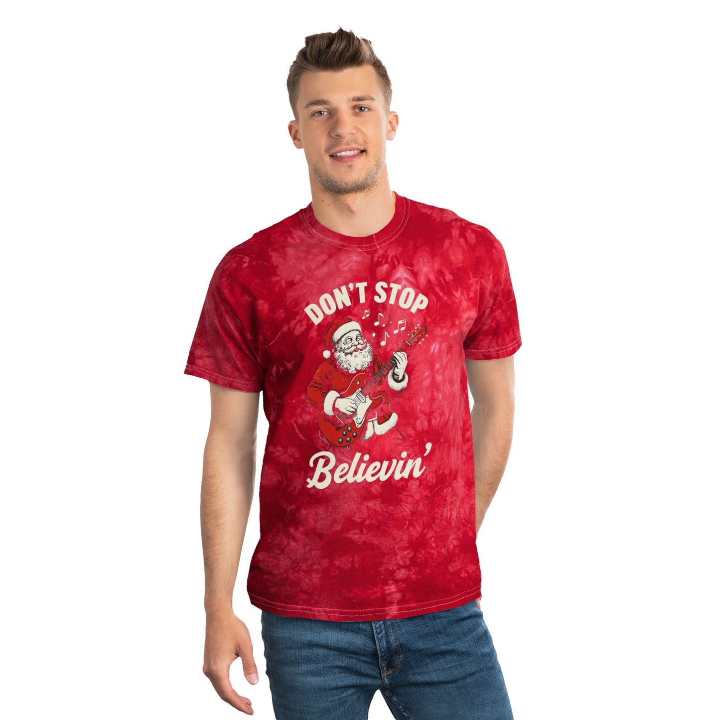 Christmas Don't Stop Believin' Santa Tie-Dye Tee