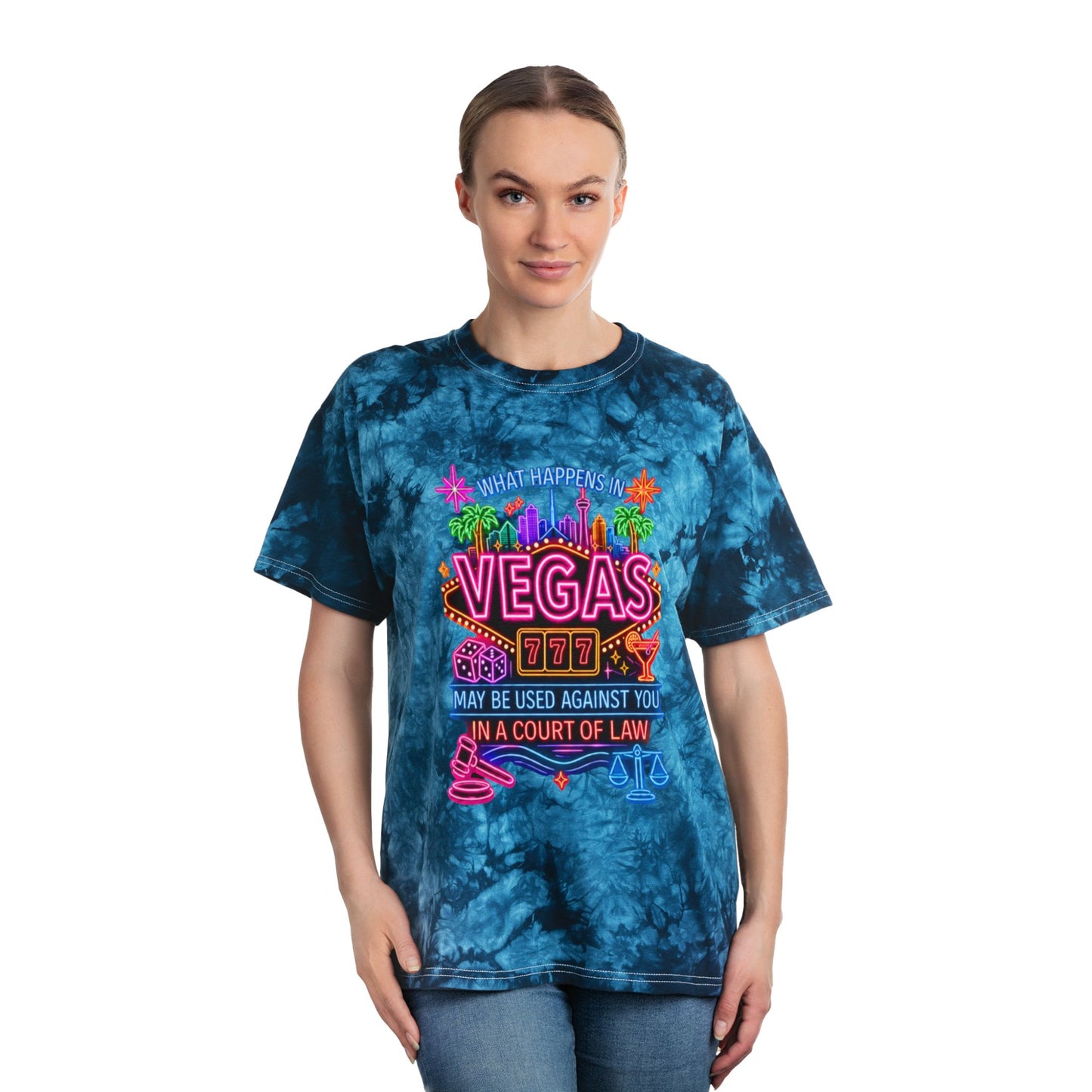 Vegas Neon Tie-Dye Tee — "What Happens in Vegas" (No Logo)