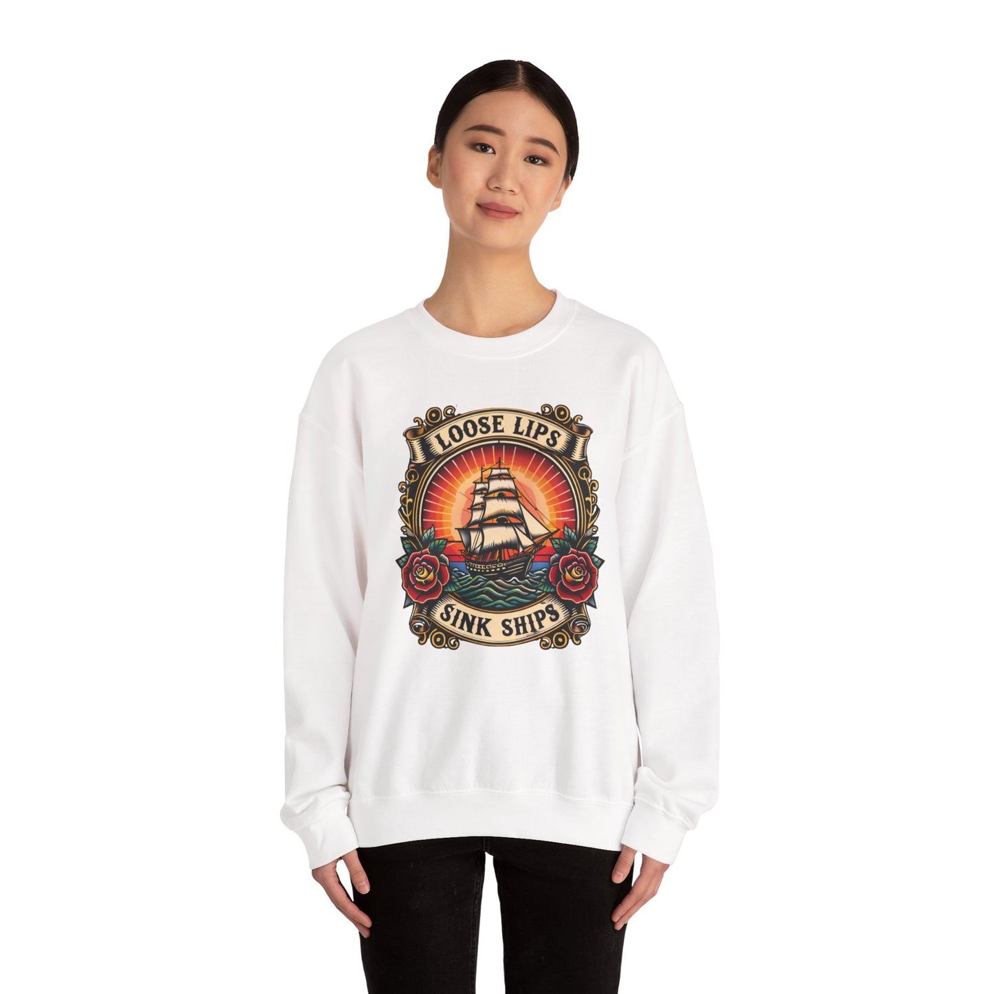 NEW Crewneck Sweatshirt — 'Loose Lips Sink Ships' Vintage Ship Graphic