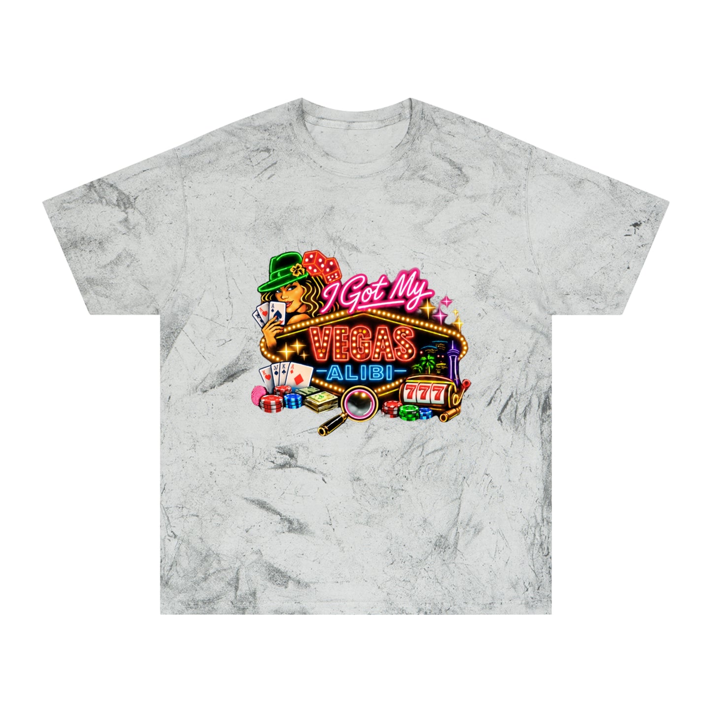Color Blast T-Shirt — "I Got My Vegas Alibi"  (No Logo)