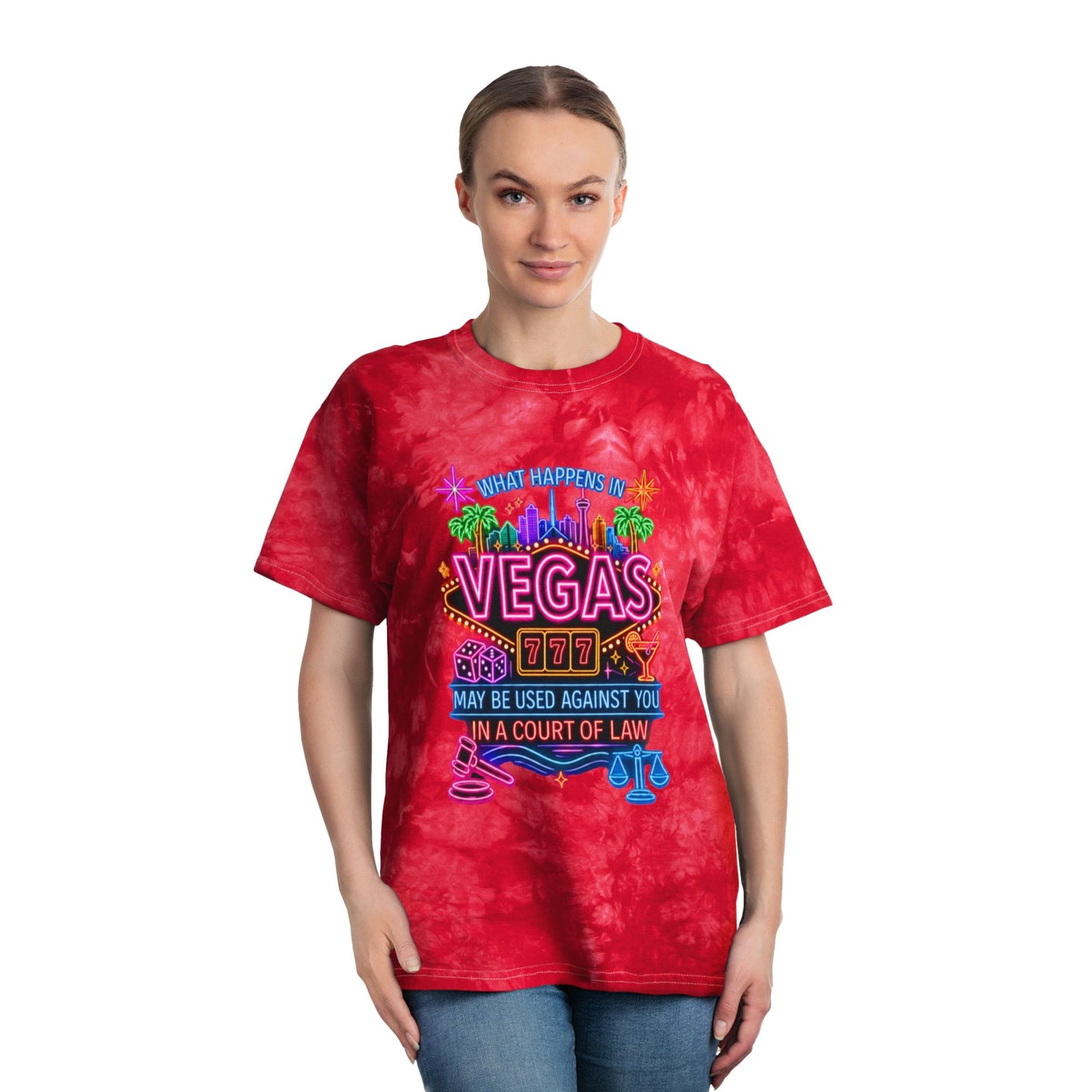 Vegas Neon Tie-Dye Tee — "What Happens in Vegas" (No Logo)