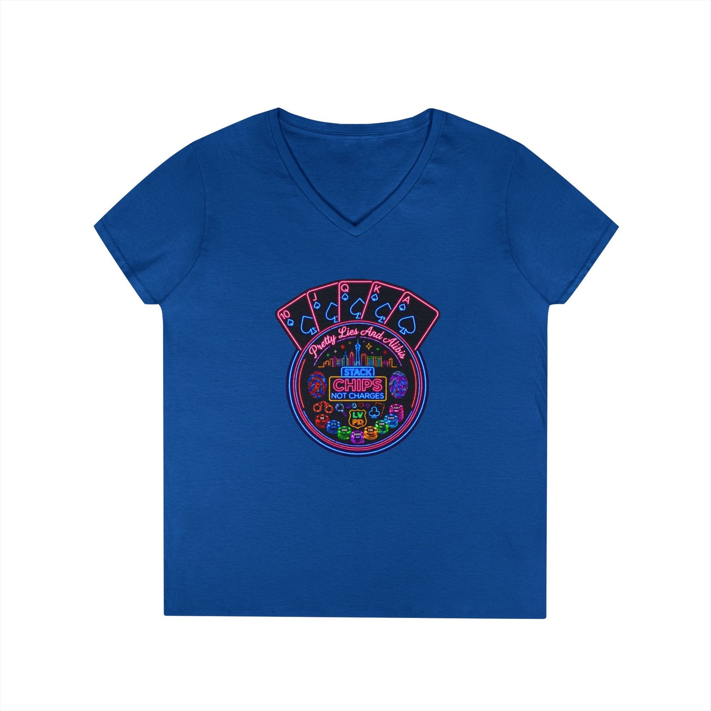 Ladies' V-Neck T-Shirt — "Stack Chips Not Charges"  Crime Con 26' (No logo)