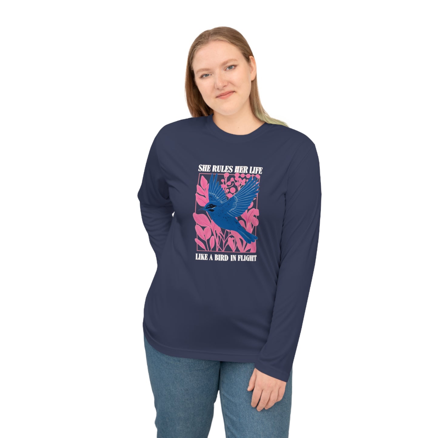 Moisture Wicking Long Sleeve Shirt — Lyrics  “She Rules Her Life Like a Mind in Flight”  NEW