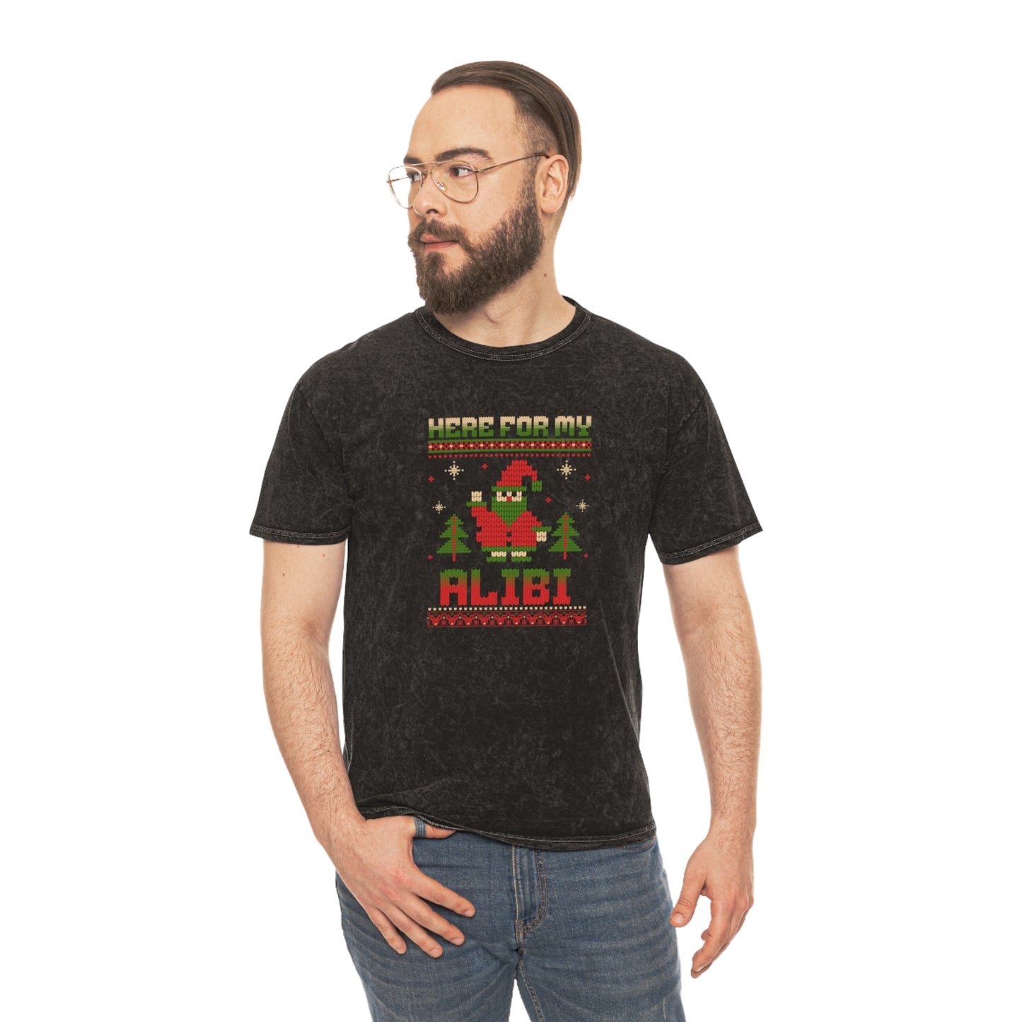 Here For My Alibi Christmas T-Shirt | Unisex Mineral Wash Holiday Tee