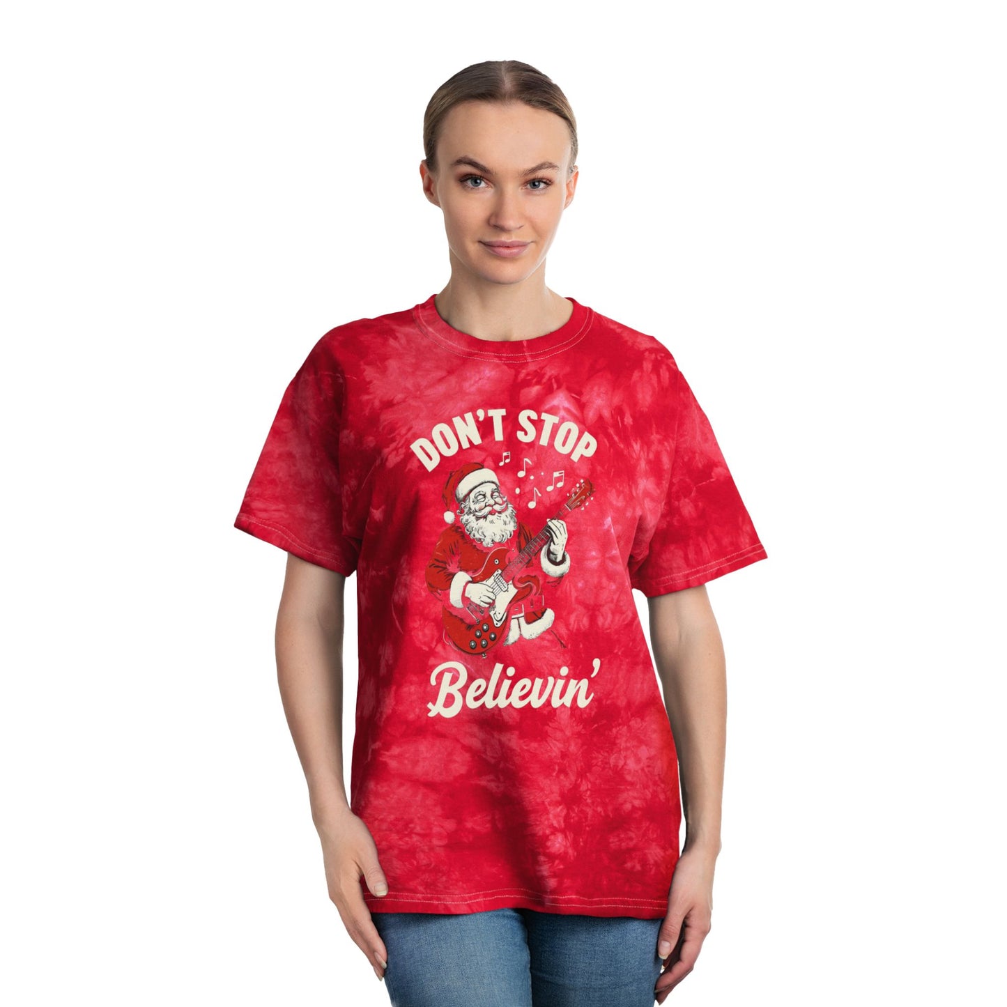 Christmas Don't Stop Believin' Santa Tie-Dye Tee