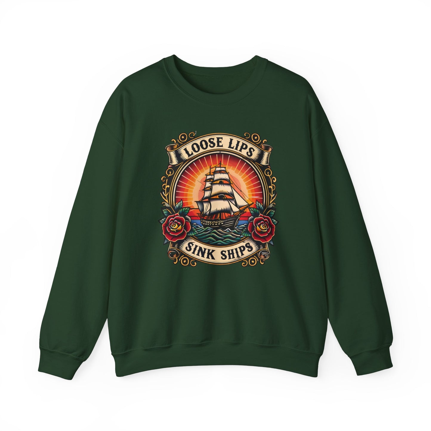 NEW Crewneck Sweatshirt — 'Loose Lips Sink Ships' Vintage Ship Graphic