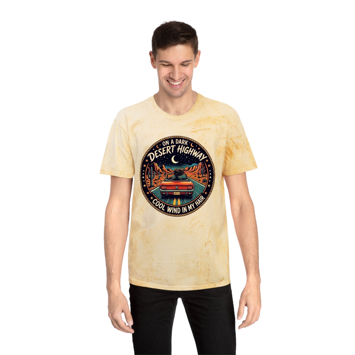 Lyrics Desert Highway Tee — "On a Dark Desert Highway" Vintage Road Trip T-Shirt